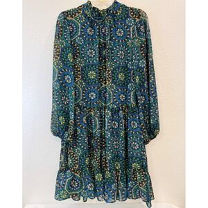 Julian Taylor New York Teal Blue Floral Tiered Sheer Dress‎ Size 14 Long Sleeve